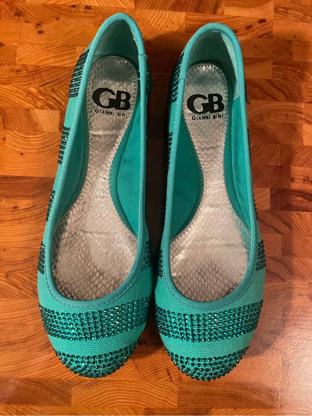 Gianni Bini Women's Flat Ballet Shoes Teal Green Canvas & Rhinestones Size 7.5
